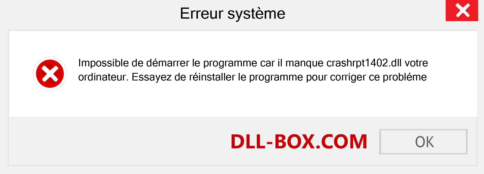 Le fichier crashrpt1402.dll est manquant ?. Télécharger pour Windows 7, 8, 10 - Correction de l'erreur manquante crashrpt1402 dll sur Windows, photos, images